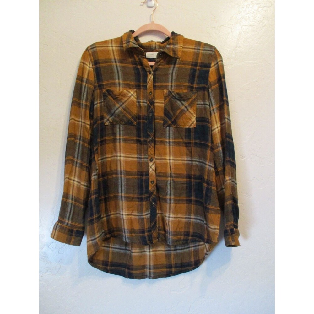 Maurices Womens Relaxed Fit Plaid Flannel Tunic Mustard Navy Soft Fall Sz M